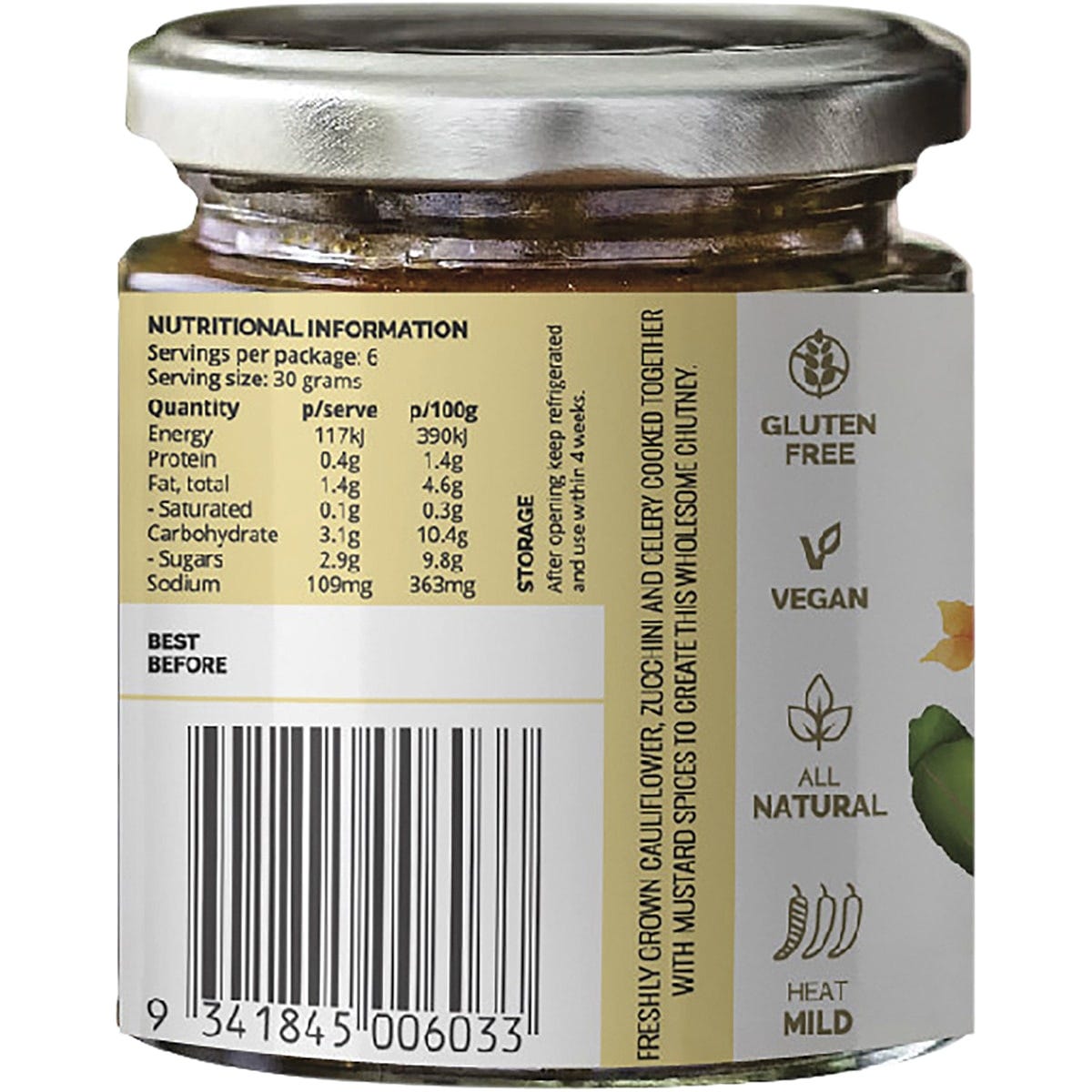 Side view of a Turban Chopsticks Cauliflower Chutney jar showing nutritional information and a botanical label.