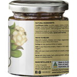 Right side of Turban Chopsticks Cauliflower Chutney 180g jar showing product description and Australian made logo.