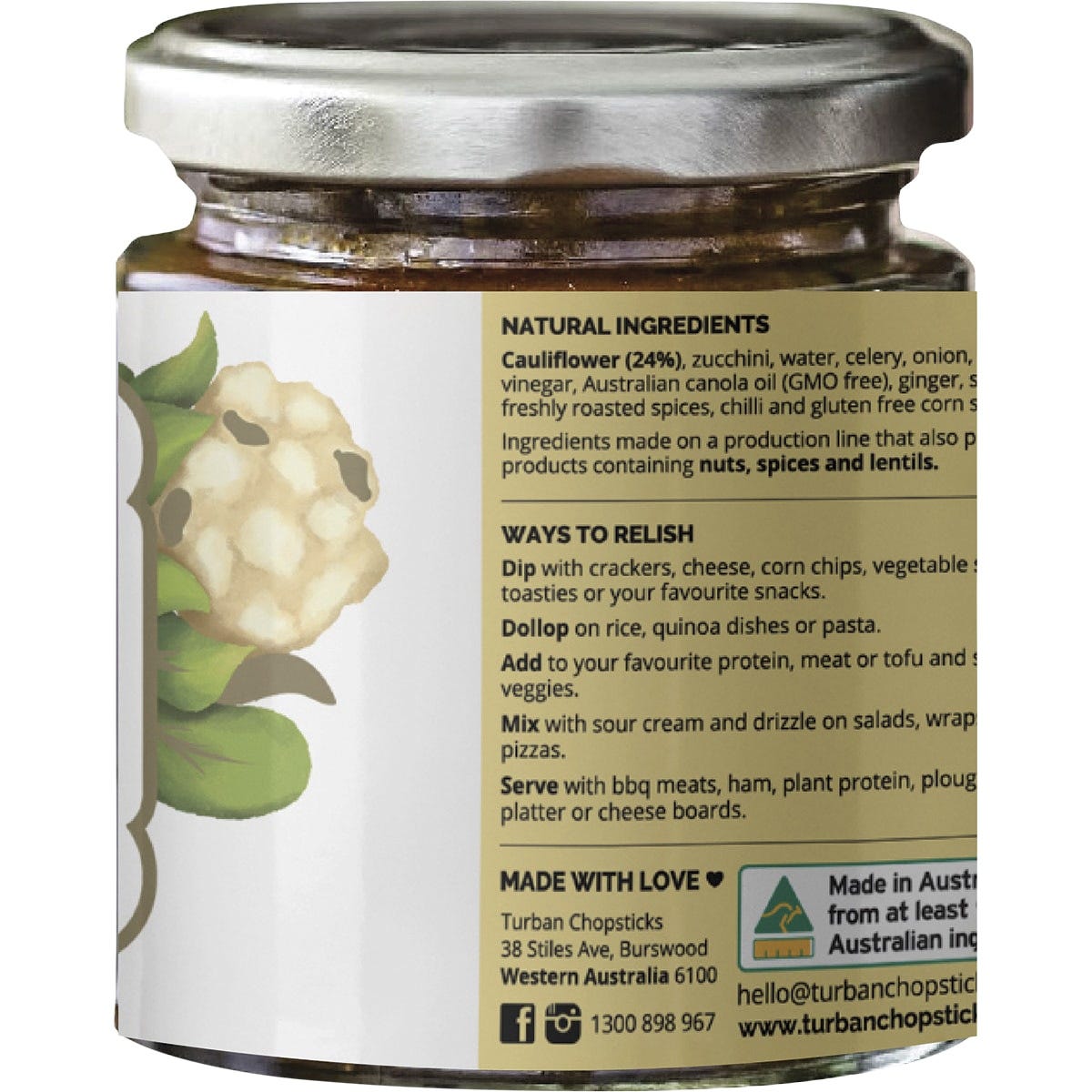 Right side of Turban Chopsticks Cauliflower Chutney 180g jar showing product description and Australian made logo.
