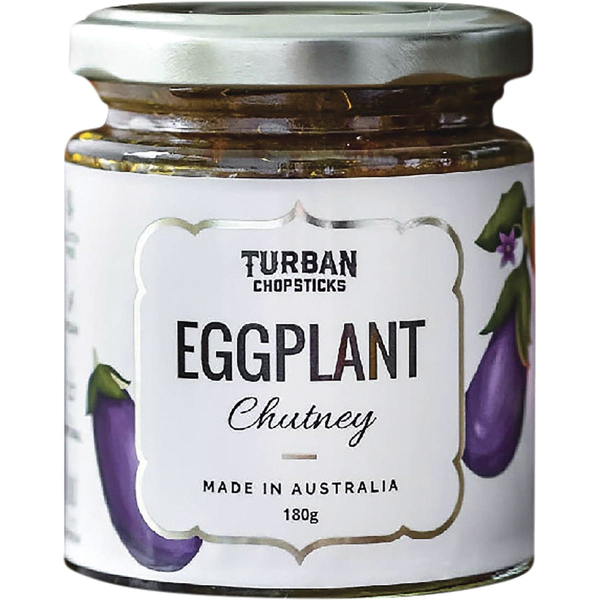 180g jar of Turban Chopsticks Eggplant Chutney with a purple label featuring botanical illustrations.