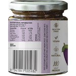 Side view of a 180g jar of Turban Chopsticks Eggplant Chutney showing ingredients and nutritional information.