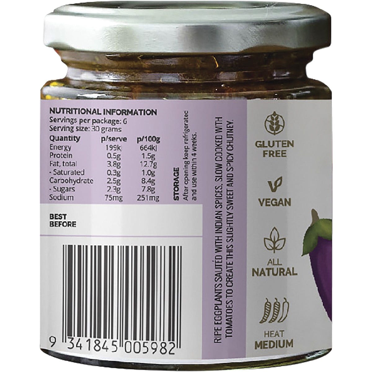 Side view of a 180g jar of Turban Chopsticks Eggplant Chutney showing ingredients and nutritional information.