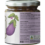 Right side of a 180g jar of Turban Chopsticks Eggplant Chutney highlighting its gluten-free and vegan features.