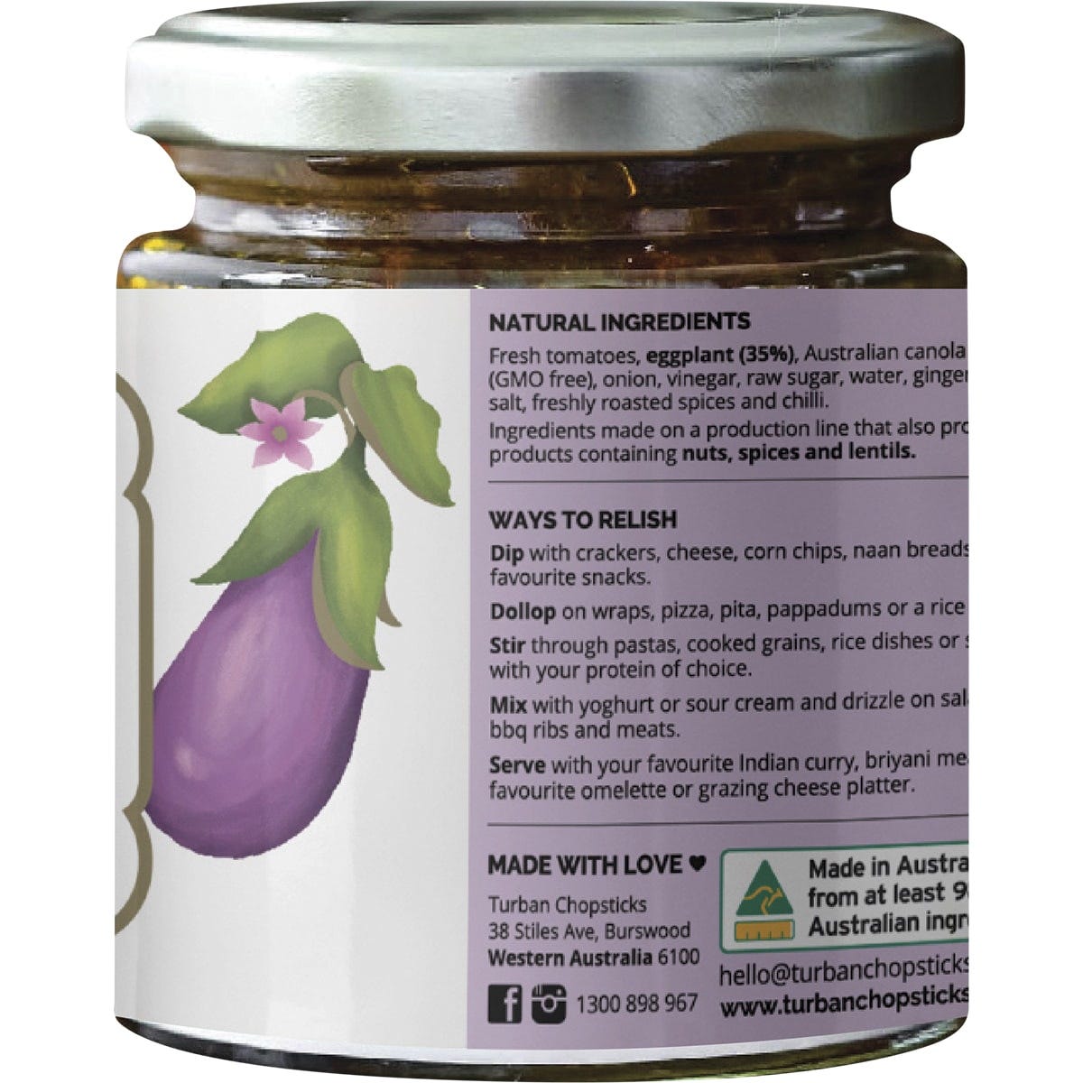 Right side of a 180g jar of Turban Chopsticks Eggplant Chutney highlighting its gluten-free and vegan features.