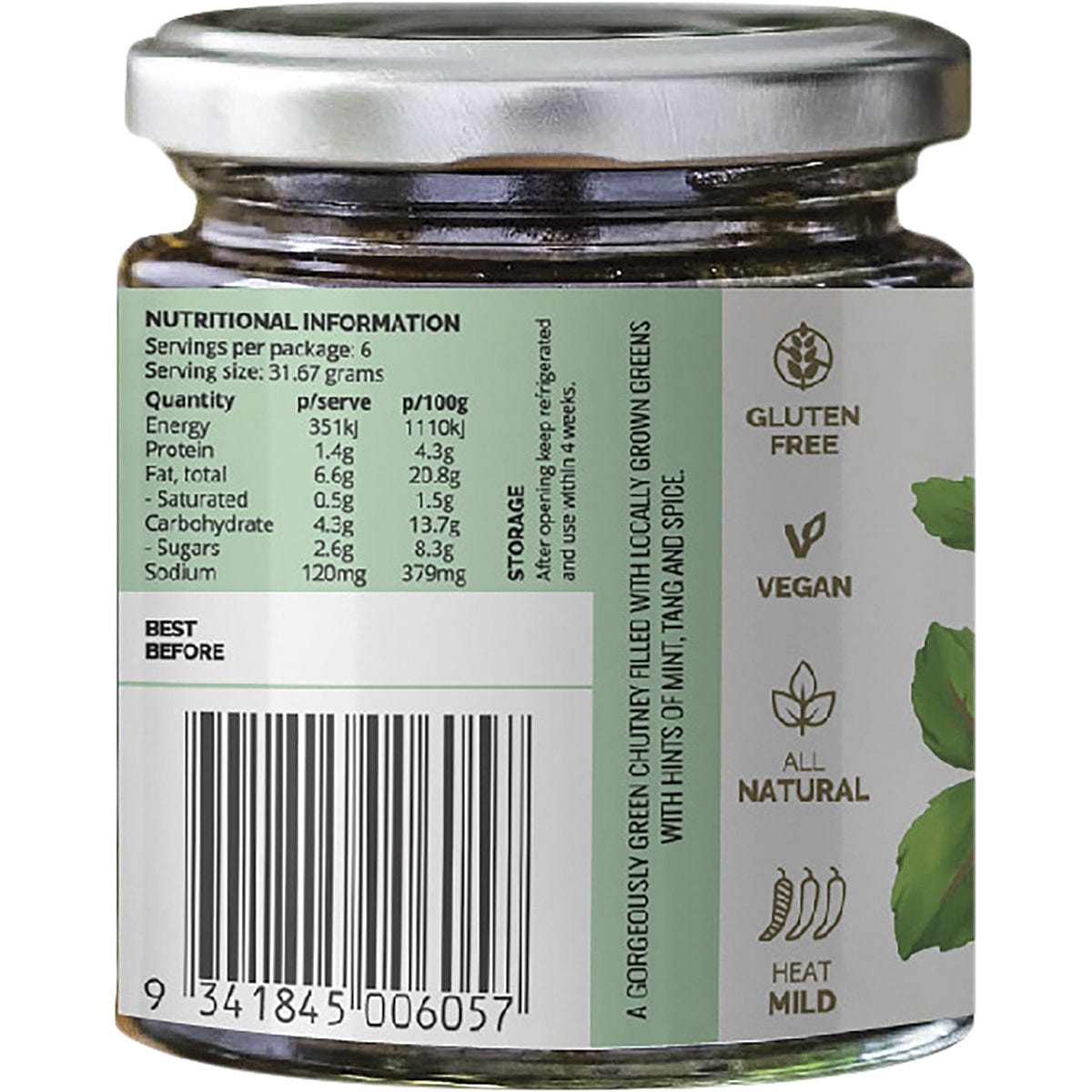 Side view of Turban Chopsticks Kale and Mint Chutney jar showing ingredients, nutrition facts, and usage.