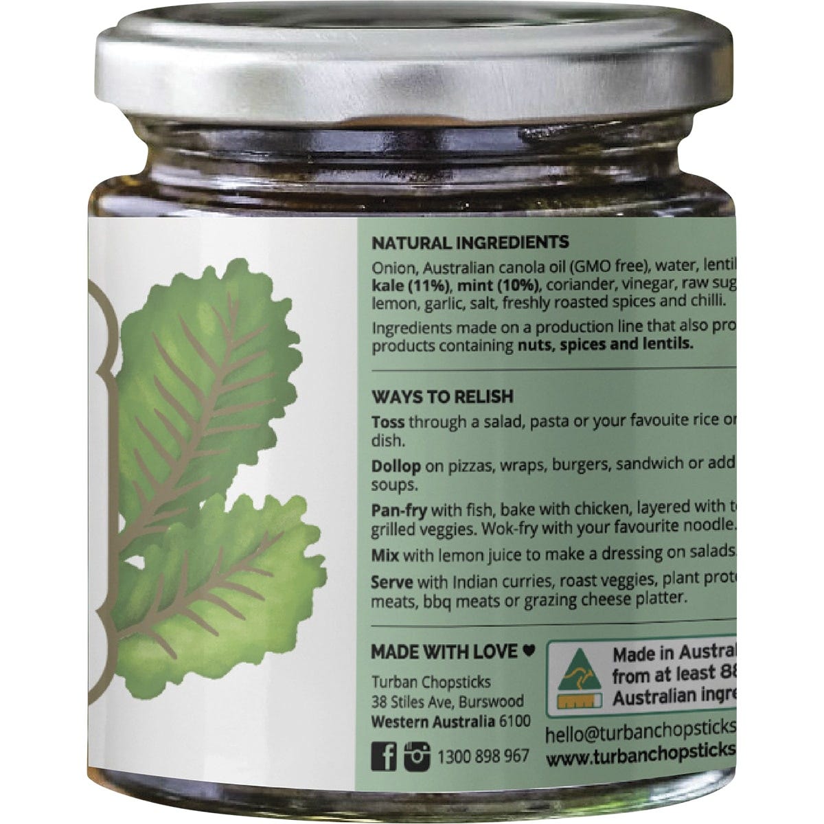Right side of Turban Chopsticks Kale and Mint Chutney jar showing product benefits and Australian-made logo.