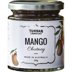 200g jar of Turban Chopsticks Mango Chutney with Australian mangoes, ginger, and spices on a white background.