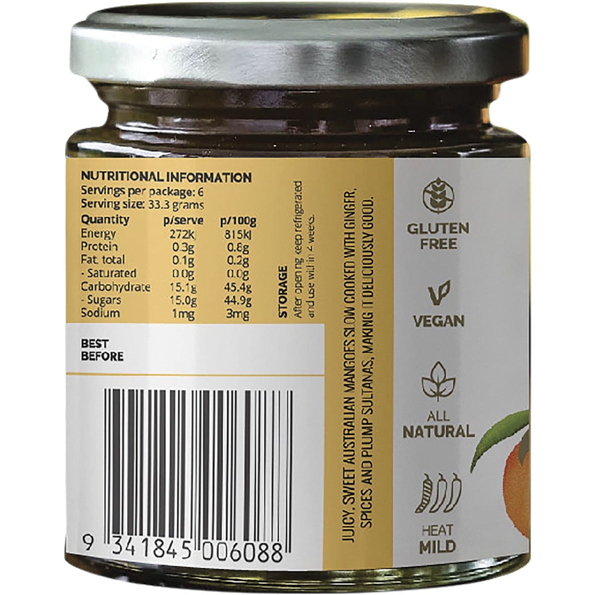 Side view of a 200g jar of Turban Chopsticks Mango Chutney showing natural ingredients and Australian made logo.