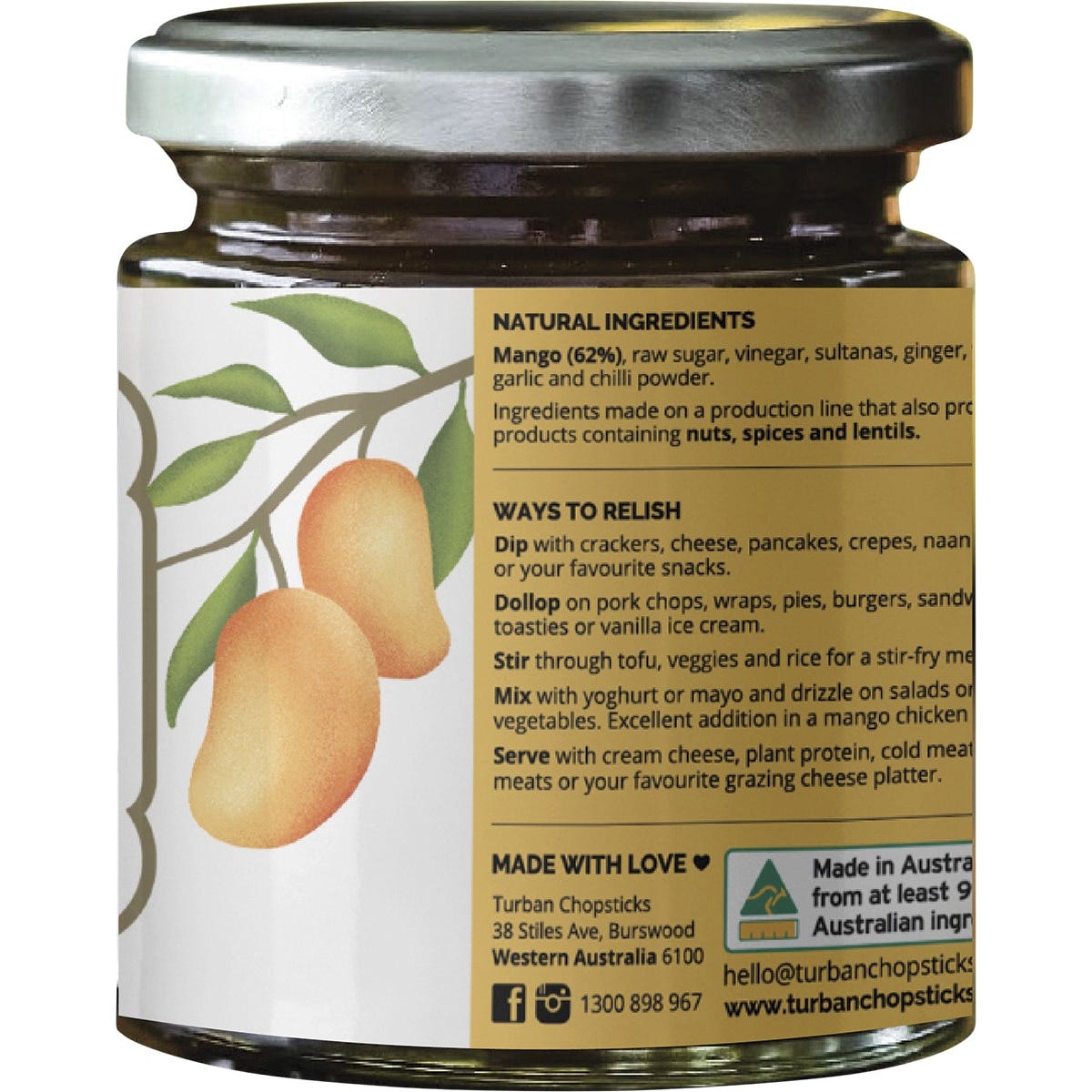 Right side of Turban Chopsticks Mango Chutney 200g jar showing nutritional information and directions for use.