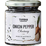 190g glass jar of Turban Chopsticks Onion Pepper Chutney with a black lid and colorful illustrated label.