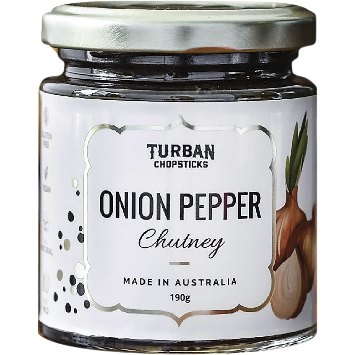 190g glass jar of Turban Chopsticks Onion Pepper Chutney with a black lid and colorful illustrated label.