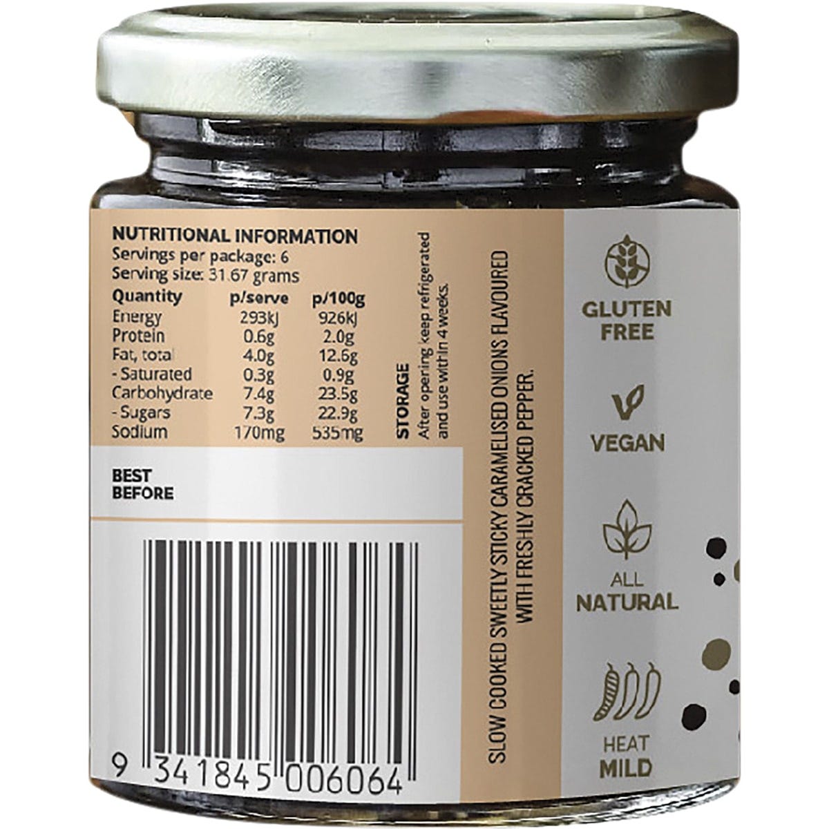 Side view of a 190g jar of Turban Chopsticks Onion Pepper Chutney with a black lid and colorful label.