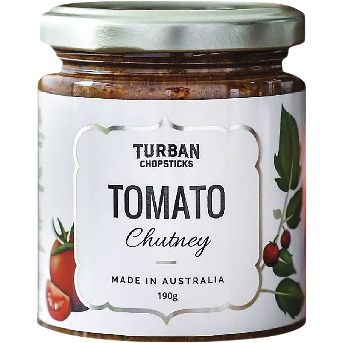 190g jar of Turban Chopsticks Tomato Chutney featuring a yellow and red label on a white background.