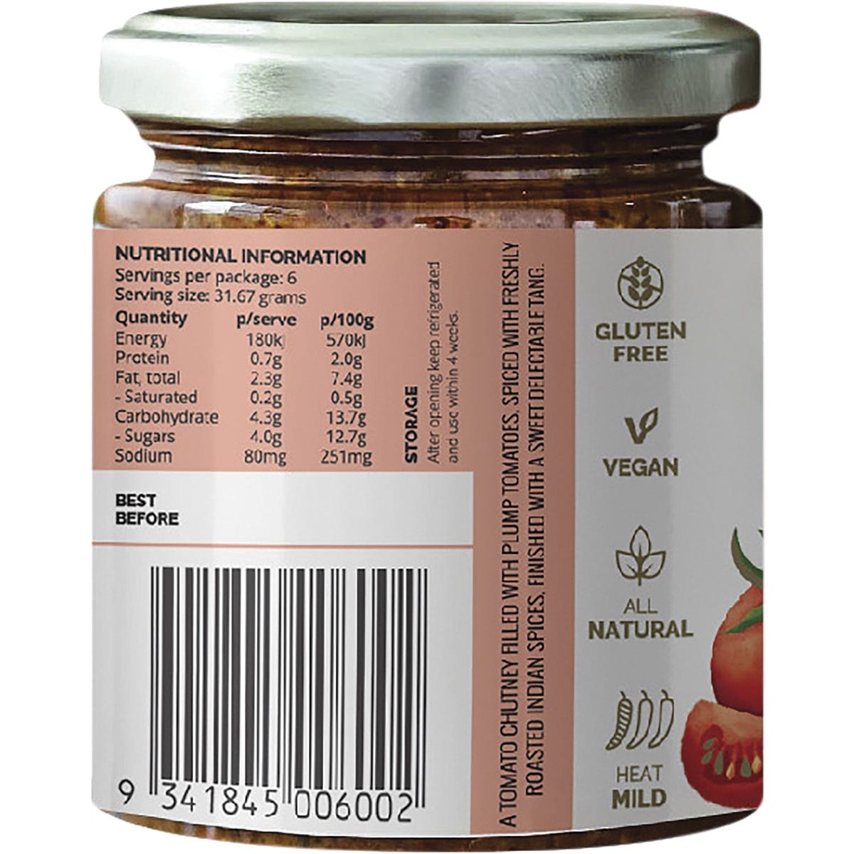 Side view of Turban Chopsticks Tomato Chutney 190g jar showing ingredients and nutritional information.
