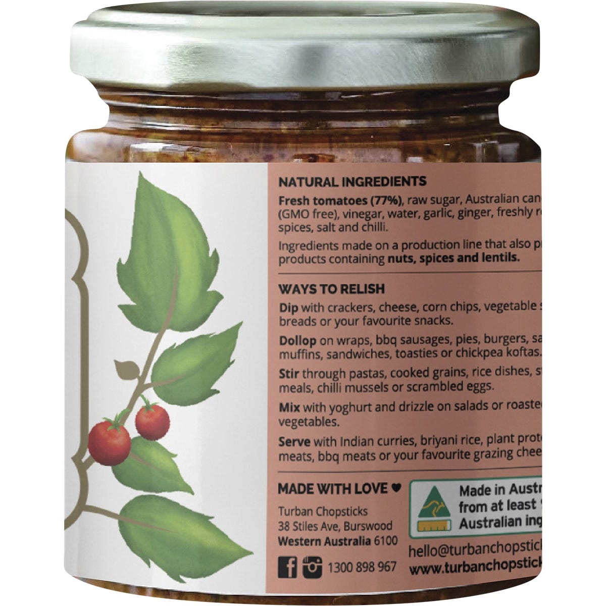 Right side of Turban Chopsticks Tomato Chutney 190g jar showing product uses and a mild heat rating.