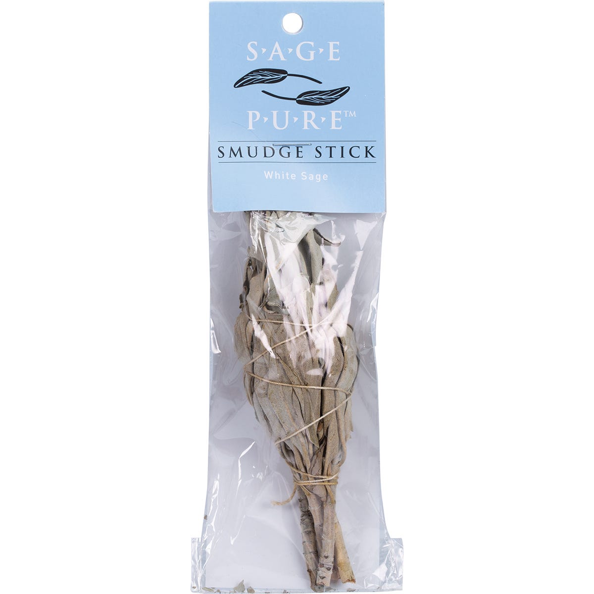 Small 8cm bundle of dried white sage leaves tied with string, used as a traditional smudge stick for cleansing.