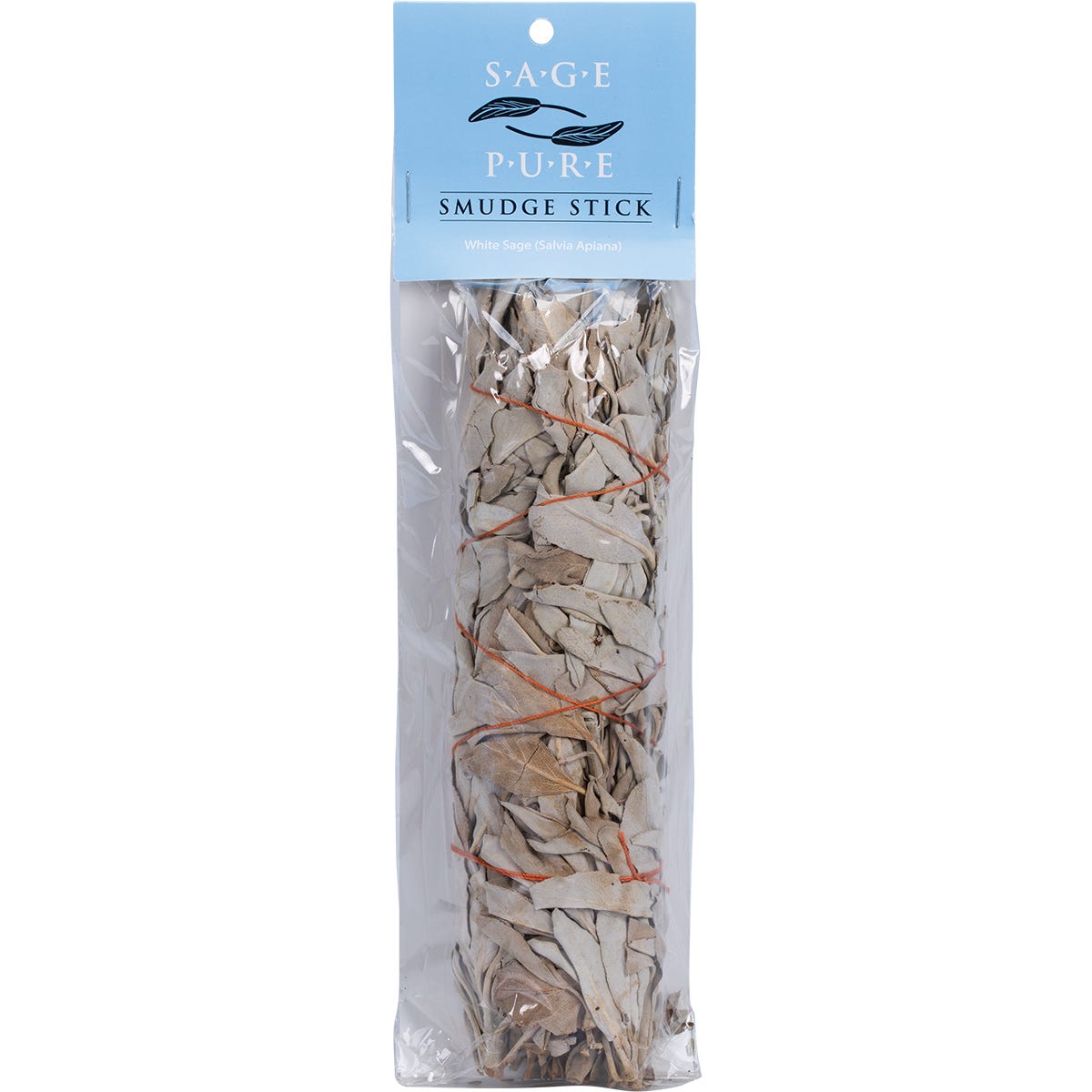 Handcrafted 18cm white sage smudge stick tied with blue string on a plain white background.