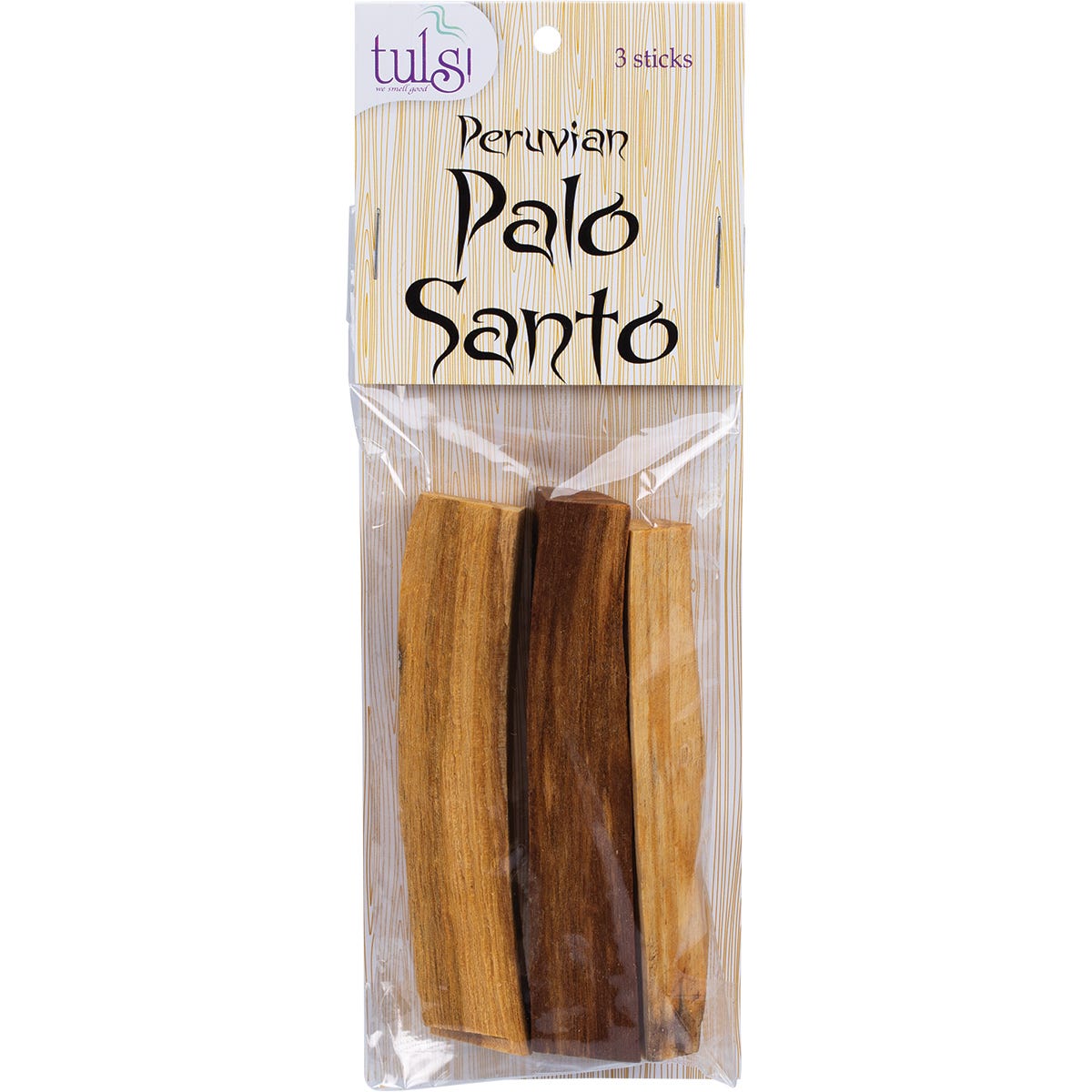 Tulsi Peruvian Palo Santo 3-pack featuring three natural wood incense sticks tied with a white string.