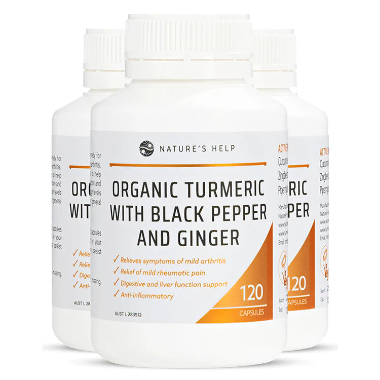 Three-pack of Nature's Help Organic Turmeric capsules with black pepper and ginger, 120 capsules per bottle.