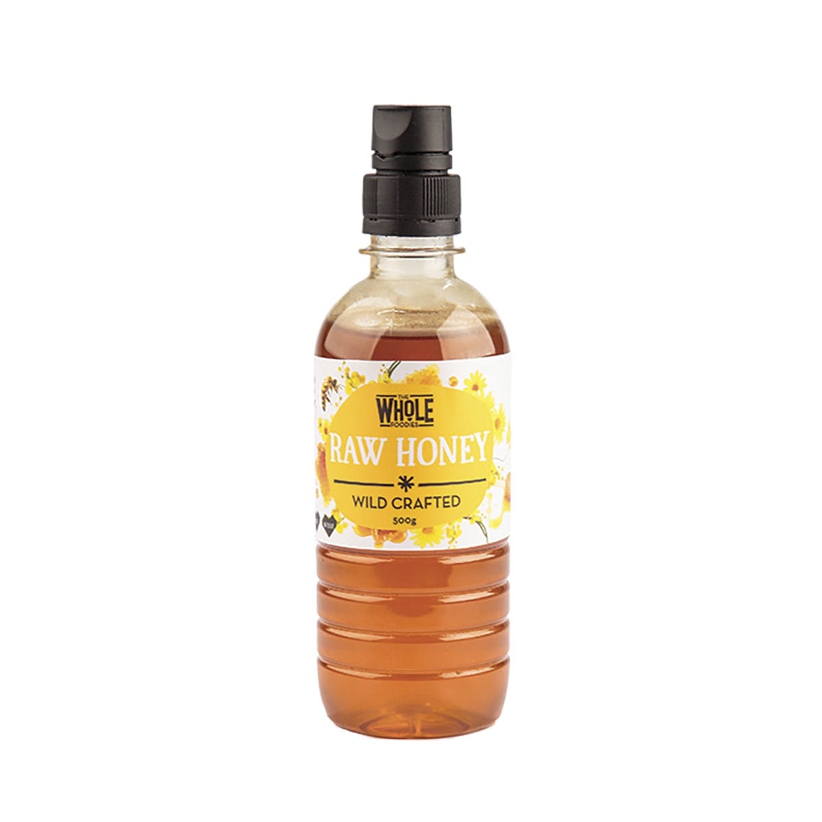 500g squeeze bottle of The Whole Foodies Wild Crafted Raw Australian Honey with a yellow flip-top lid.