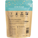 Side of a 250g The Fresh Chai Co. Caffeine Free Chai bag with brewing instructions and 100 percent organic ingredients.