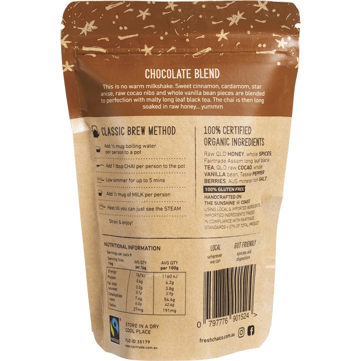 The Fresh Chai Co. 125g bag of Chocolate Blend Honey Soaked Chai with whole spices and raw cacao.