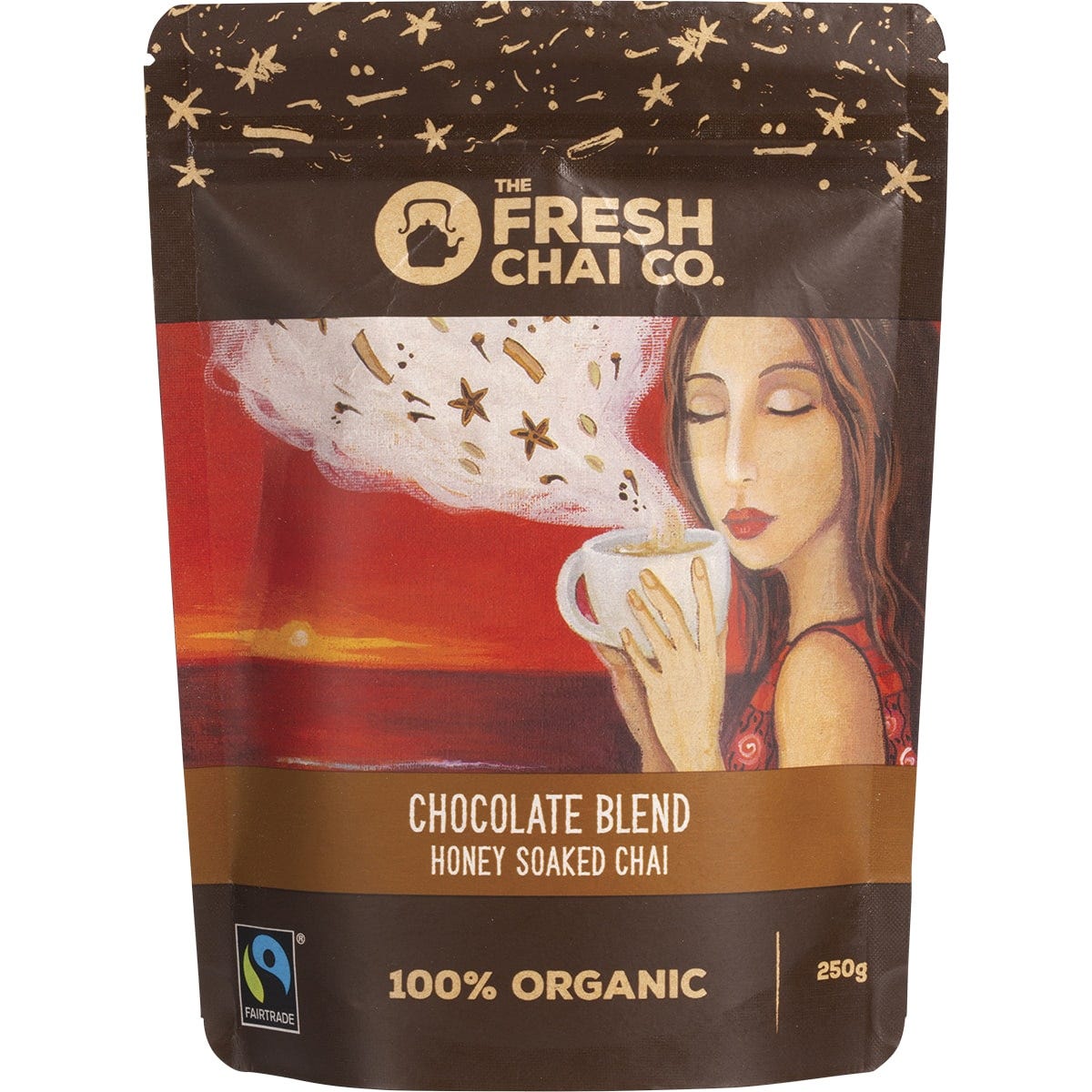 250g bag of The Fresh Chai Co. Chocolate Blend Honey Soaked Chai with organic spices and raw cacao.