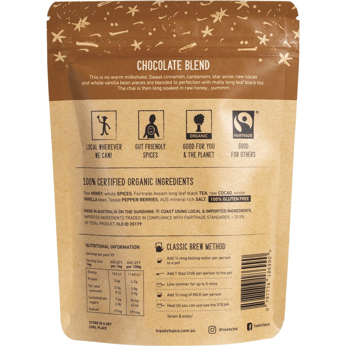 Back of a 250g bag of The Fresh Chai Co. Chocolate Blend showing ingredients, benefits, and organic certification.