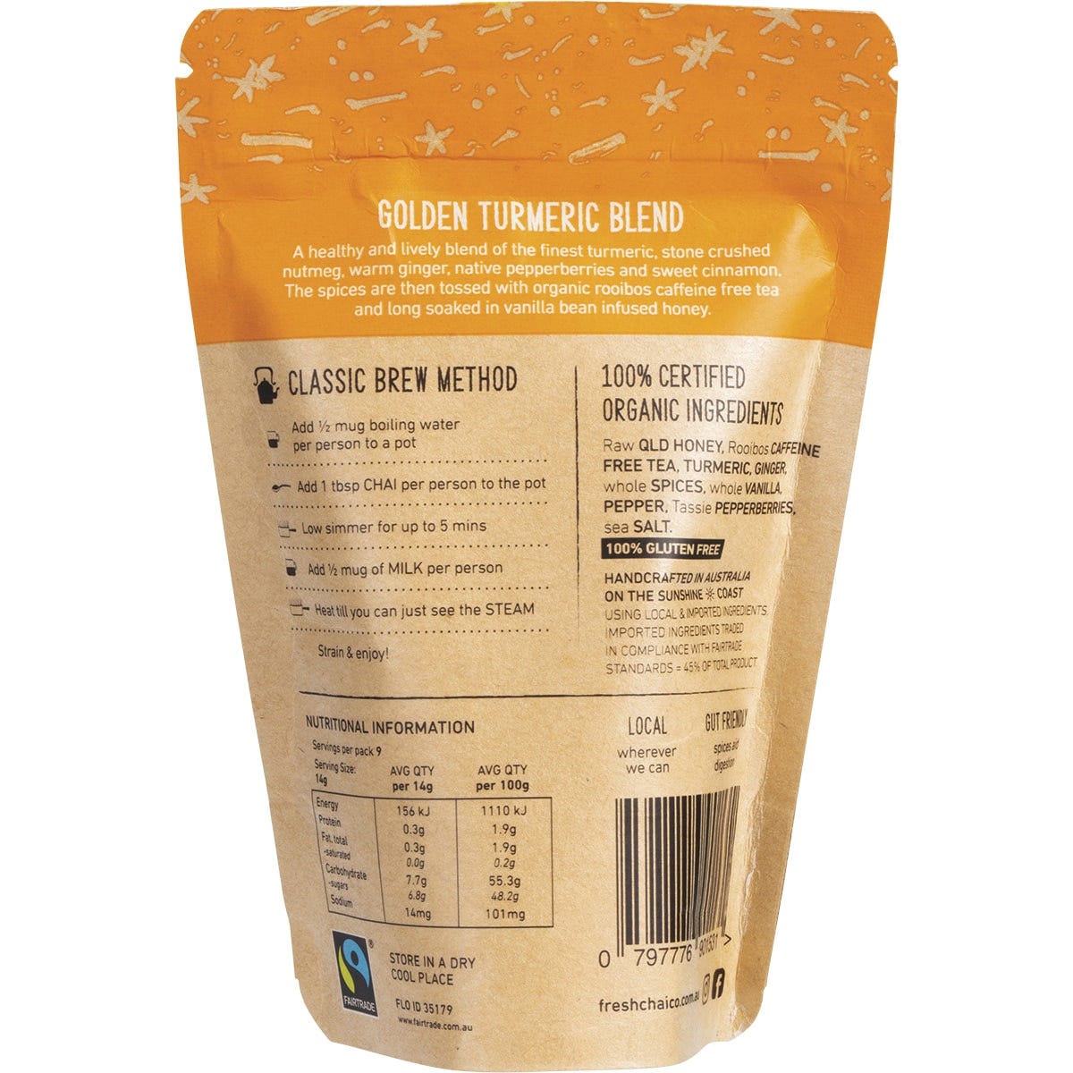 The Fresh Chai Co. 125g Golden Turmeric Blend bag shown with a wooden spoon and loose leaf chai on a white background.