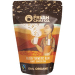 125g bag of The Fresh Chai Co. Golden Turmeric Blend Honey Soaked Chai with rooibos and spices on a white background.