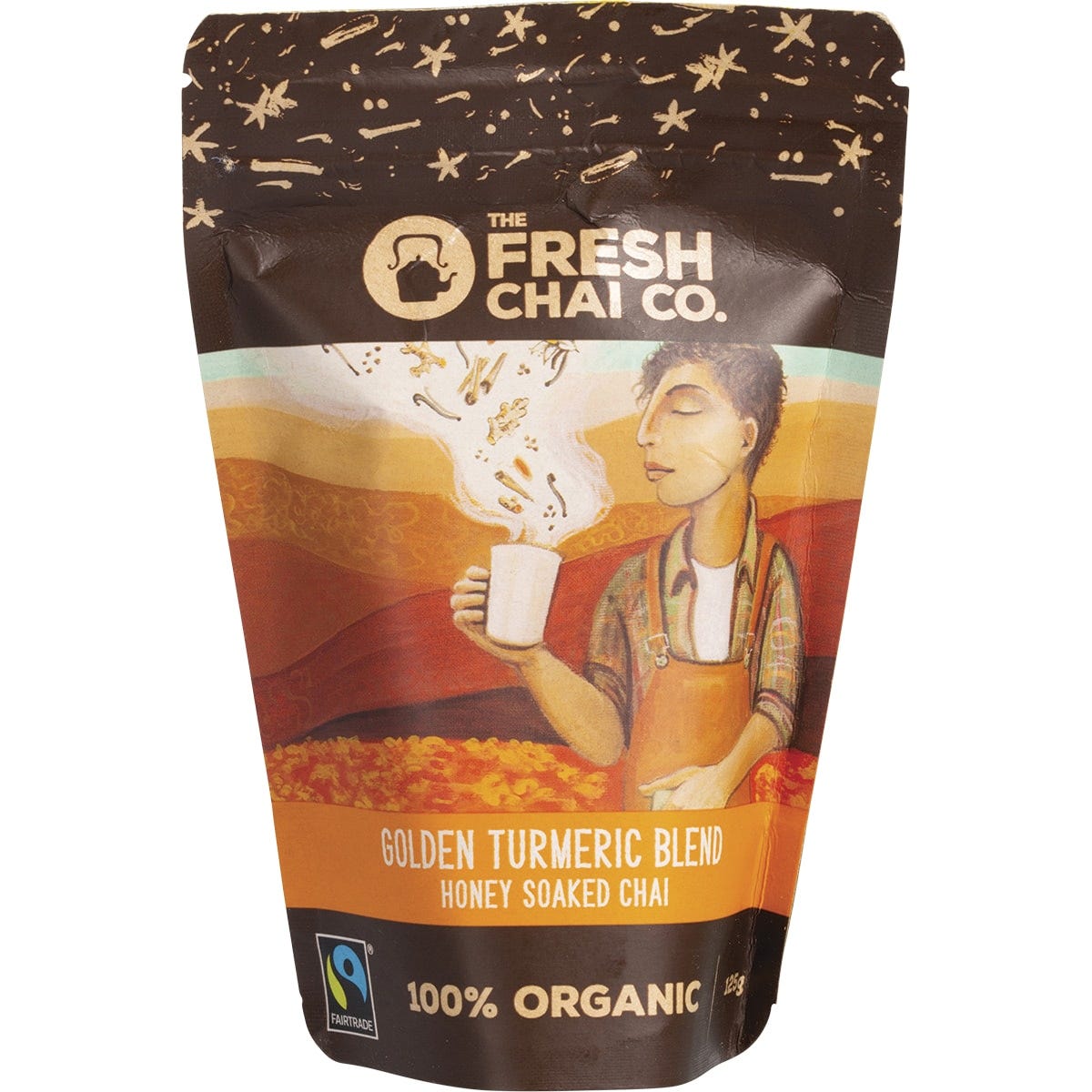 125g bag of The Fresh Chai Co. Golden Turmeric Blend Honey Soaked Chai with rooibos and spices on a white background.