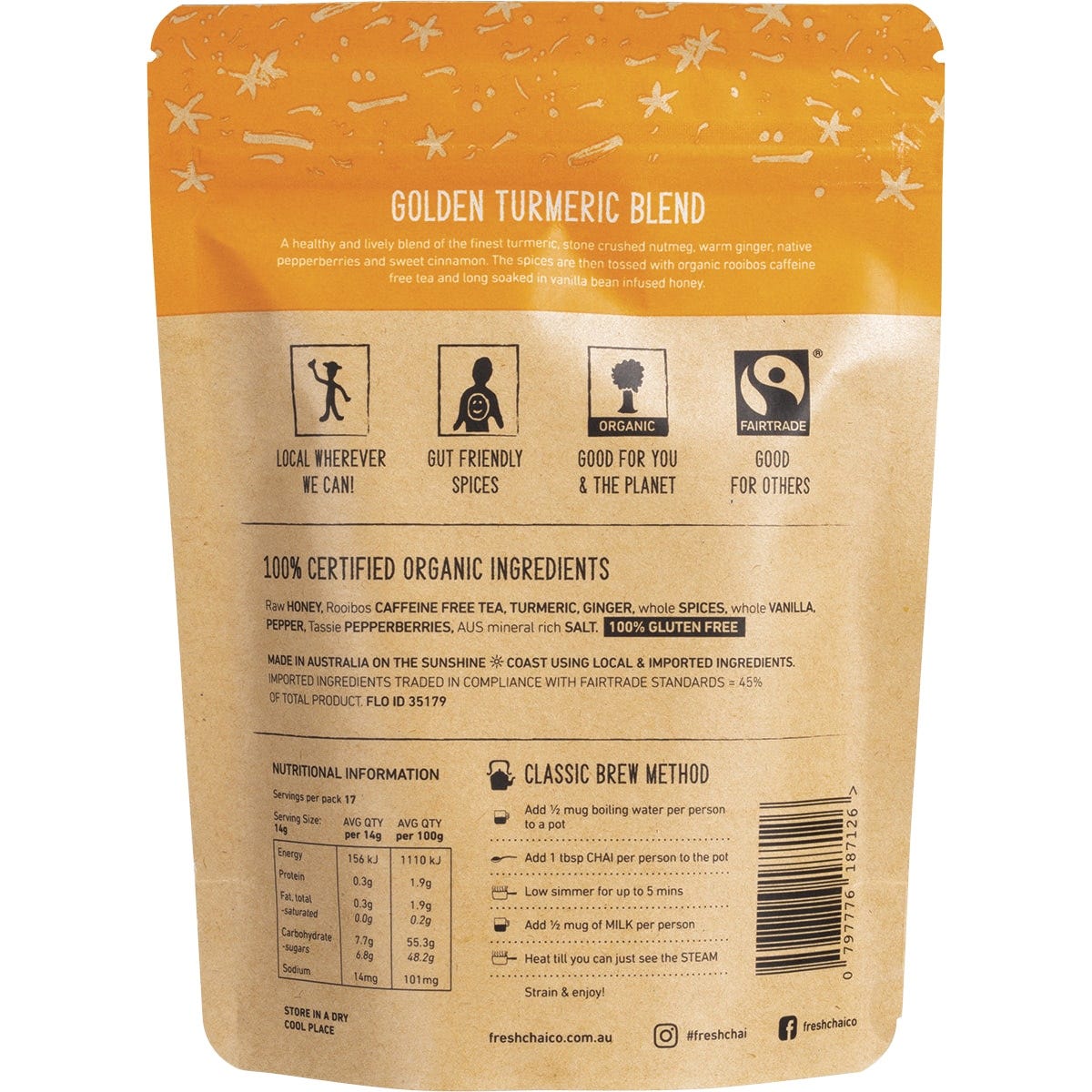 Back of a 250g bag of The Fresh Chai Co. Golden Turmeric Blend showing ingredients and organic certification.