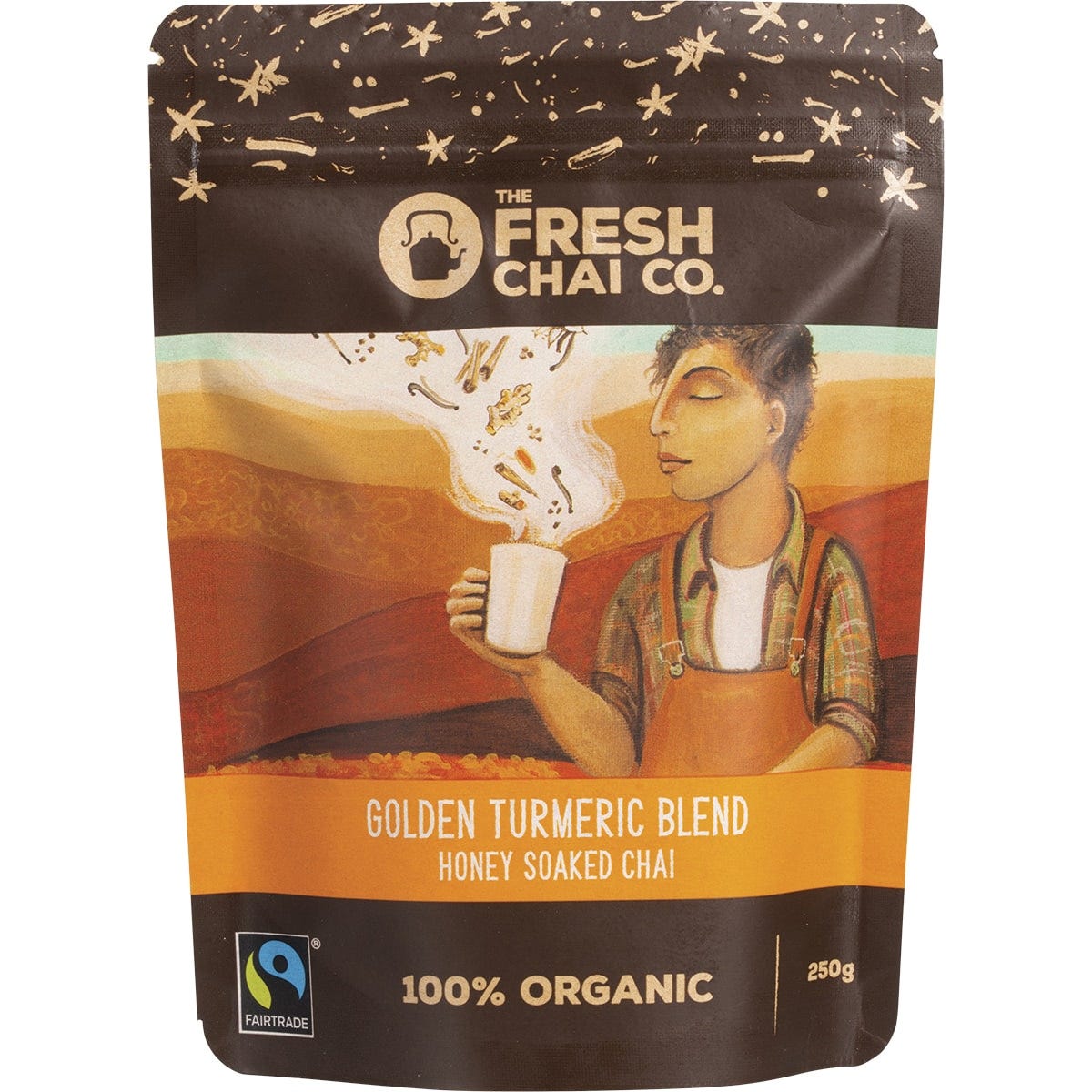 250g bag of The Fresh Chai Co. Golden Turmeric Blend Honey Soaked Chai with golden floral and botanical patterns.