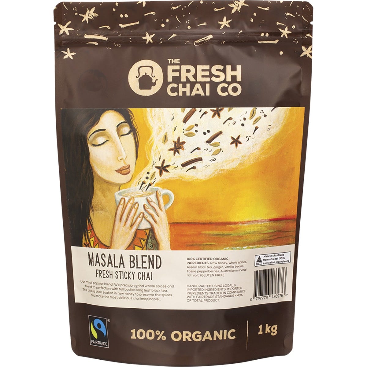 1kg bag of The Fresh Chai Co. Masala Blend Fresh Sticky Chai with honey, black tea, and whole spices on a white background.