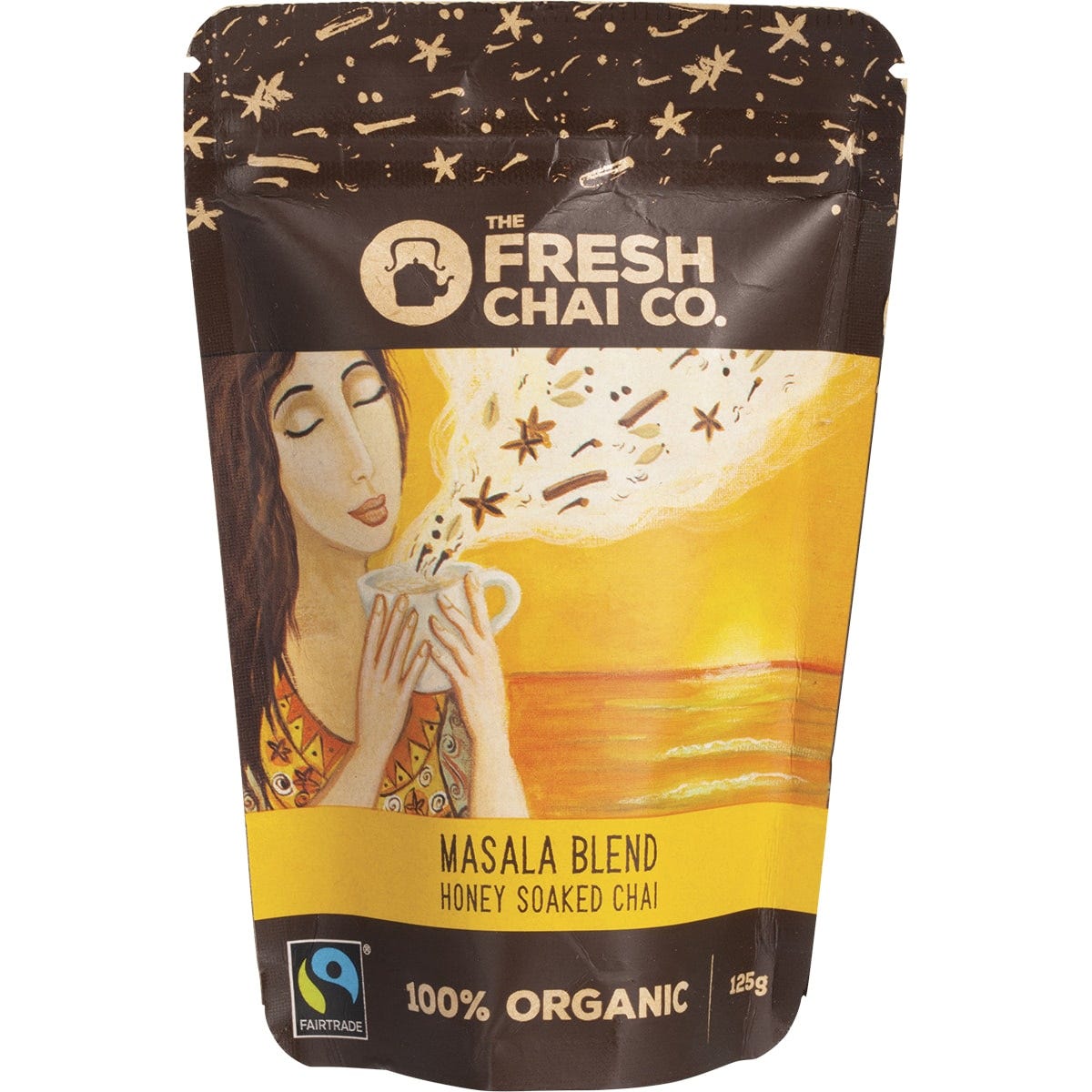 125g bag of The Fresh Chai Co. Masala Blend Honey Soaked Chai with whole spices and Assam tea on a white background.
