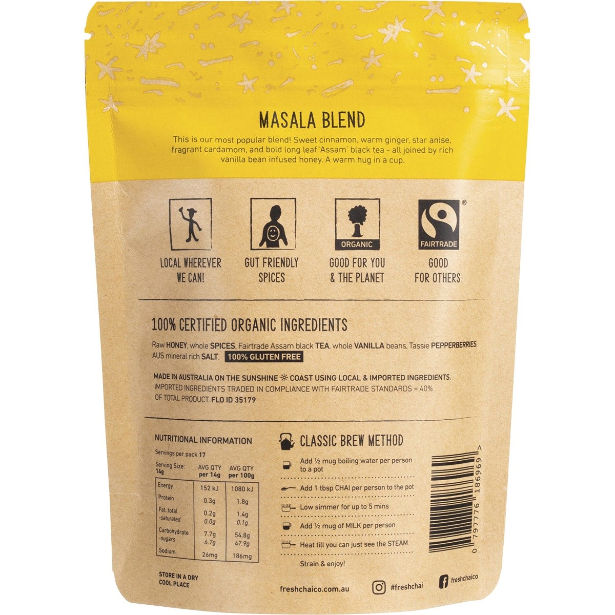 The Fresh Chai Co. Masala Blend 250g bag of honey-soaked chai with botanical spice illustrations on white.