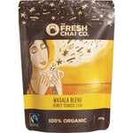 250g bag of The Fresh Chai Co. Masala Blend honey-soaked chai featuring botanical spice illustrations.