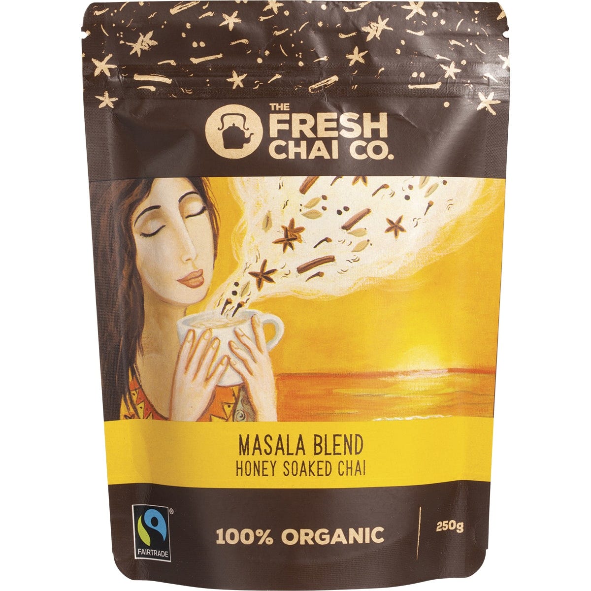 250g bag of The Fresh Chai Co. Masala Blend honey-soaked chai featuring botanical spice illustrations.