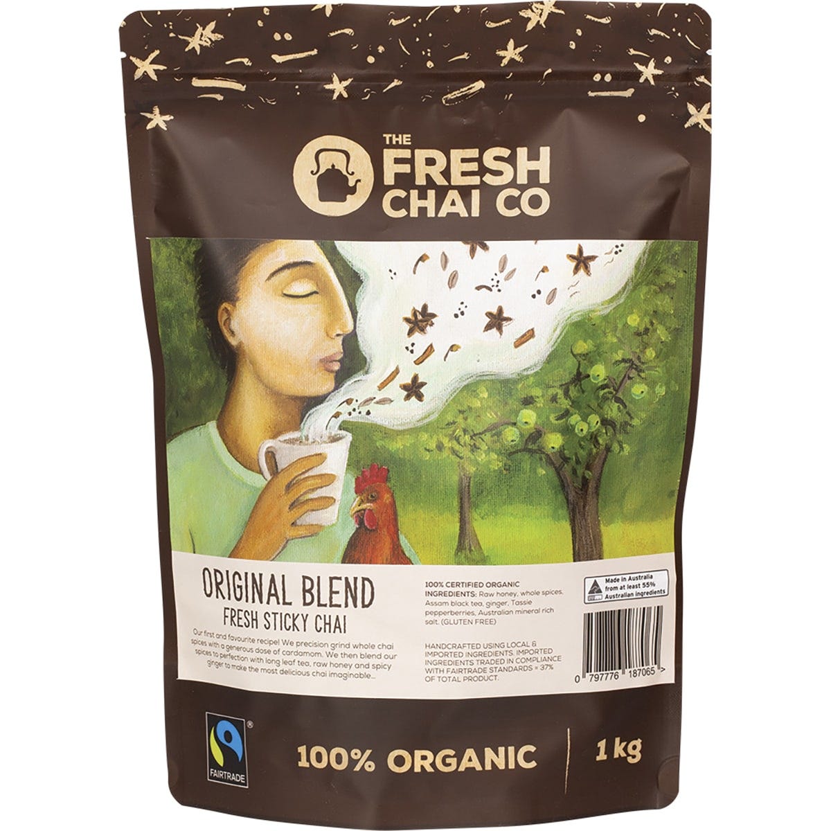 1kg bag of The Fresh Chai Co. Original Blend Fresh Sticky Chai with raw honey, ginger, and Assam black tea.