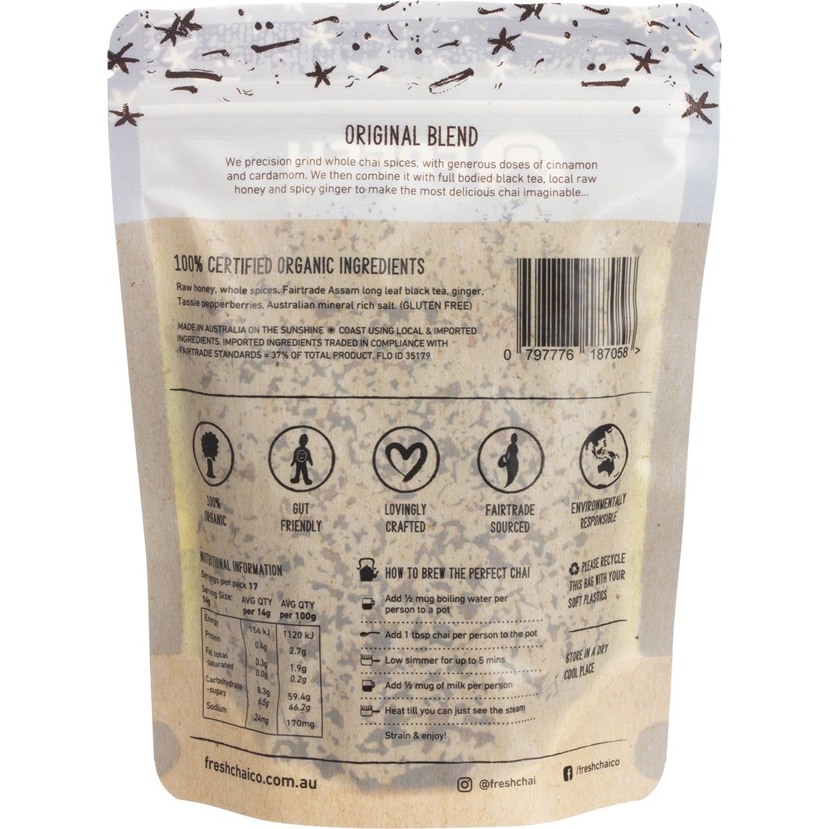 The Fresh Chai Co. Original Blend Fresh Sticky Chai 250g bag showing honey-soaked spices and black tea.
