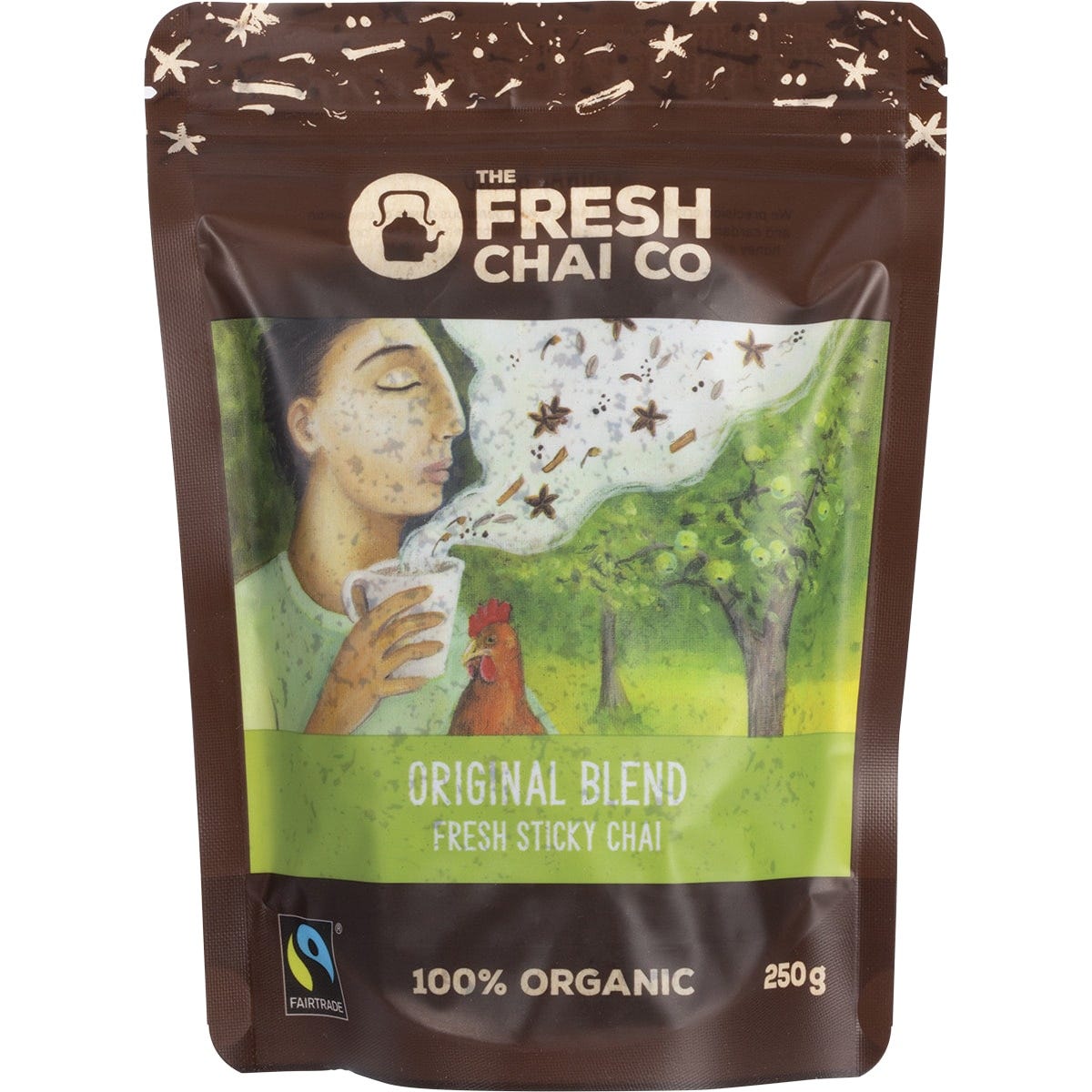 250g bag of The Fresh Chai Co. Original Blend Fresh Sticky Chai with honey-soaked spices and black tea.