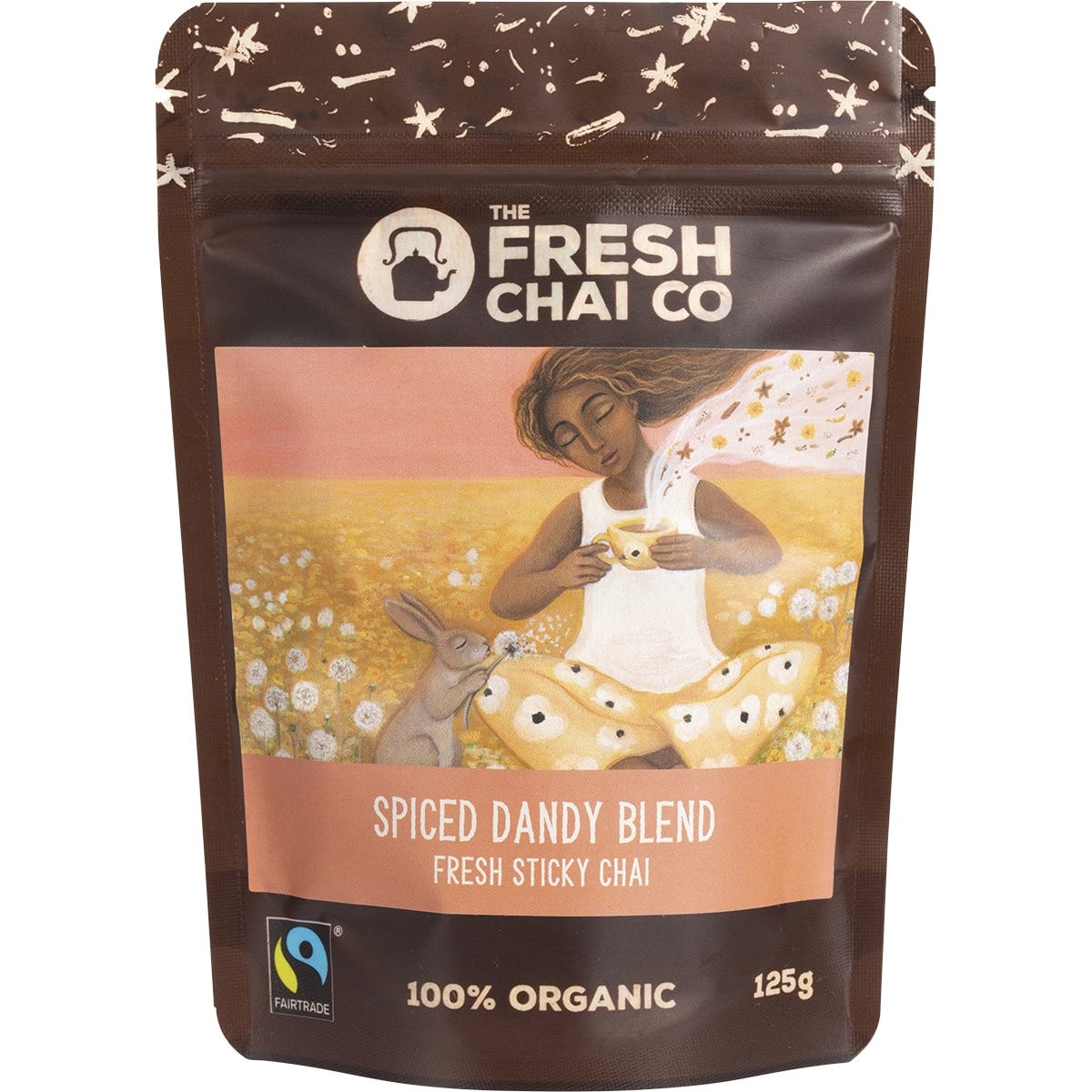 125g bag of The Fresh Chai Co. Spiced Dandy Blend Fresh Sticky Chai with organic dandelion, chicory, and masala spices.