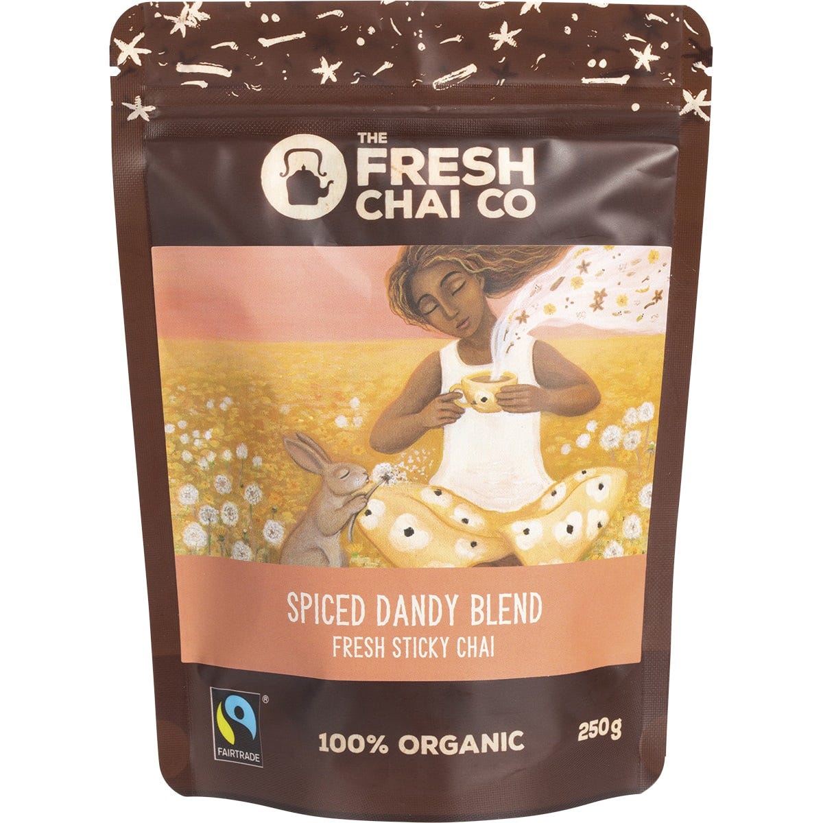 The Fresh Chai Co. Spiced Dandy Blend 250g bag of organic, caffeine-free sticky chai with roasted dandelion and chicory.