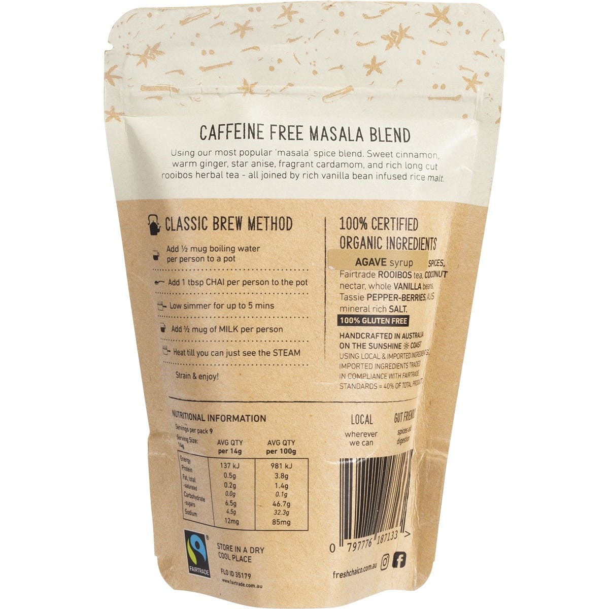 Close-up of The Fresh Chai Co. Vegan Caffeine Free Masala Chai showing the loose leaf tea, spices, and rooibos blend.