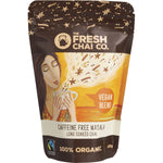 125g bag of The Fresh Chai Co. Vegan Caffeine Free Masala Long Soaked Chai with organic ingredients on a white background.