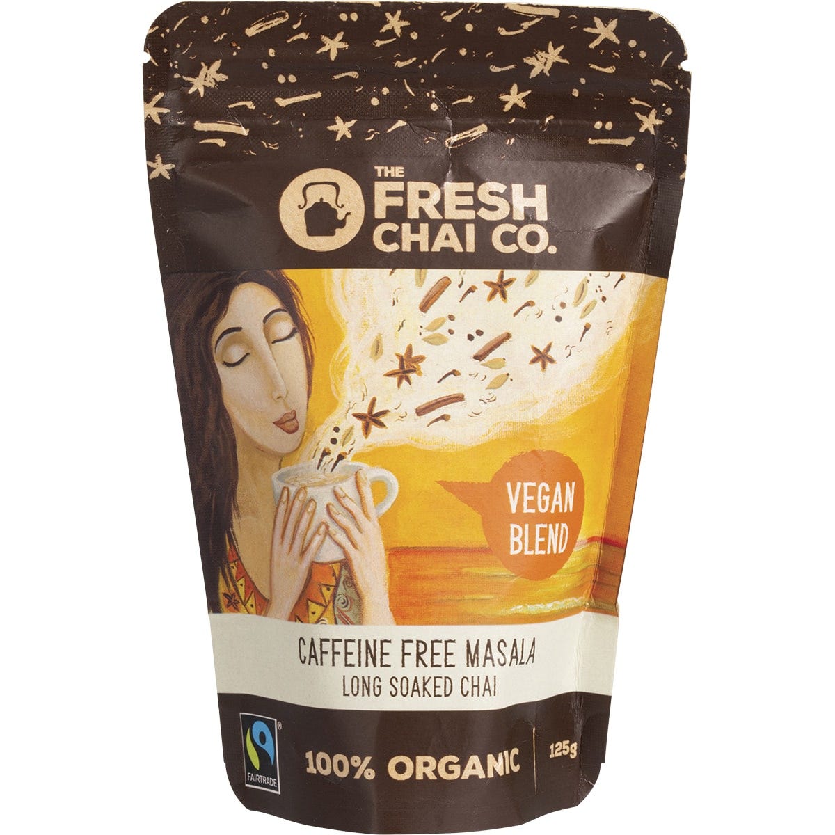 125g bag of The Fresh Chai Co. Vegan Caffeine Free Masala Long Soaked Chai with organic ingredients on a white background.