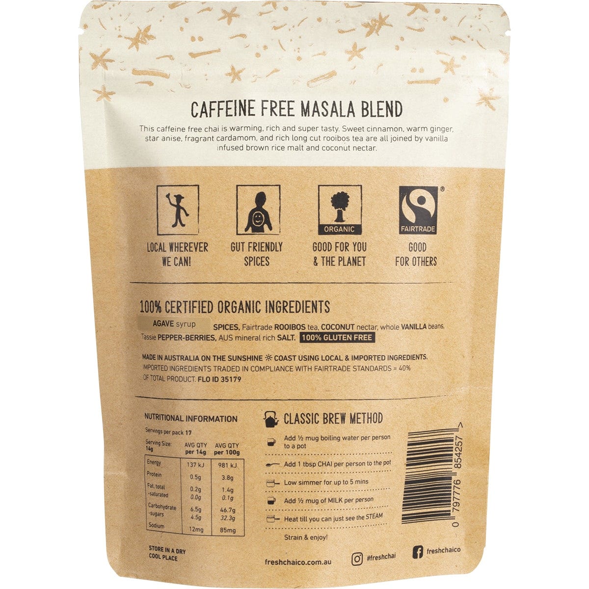 Back of The Fresh Chai Co. 250g Vegan Masala Chai bag with ingredients, brewing steps, and recipe instructions.