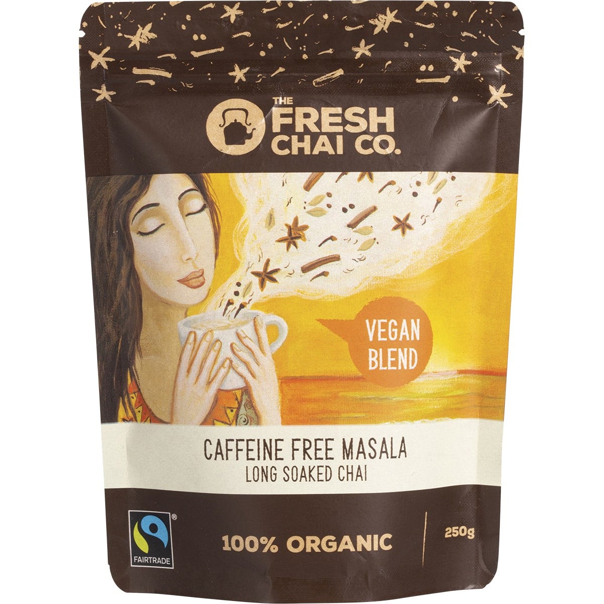 250g bag of The Fresh Chai Co. Vegan Caffeine Free Masala Long Soaked Chai with rooibos tea and organic spices.