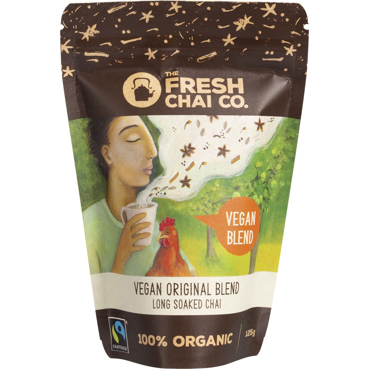 125g bag of The Fresh Chai Co. Vegan Original Blend Long Soaked Chai with organic agave and whole spices.