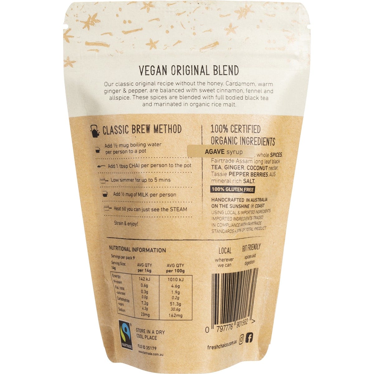 The Fresh Chai Co. Vegan Original Blend 125g bag featuring organic agave, long leaf black tea, and whole spices.